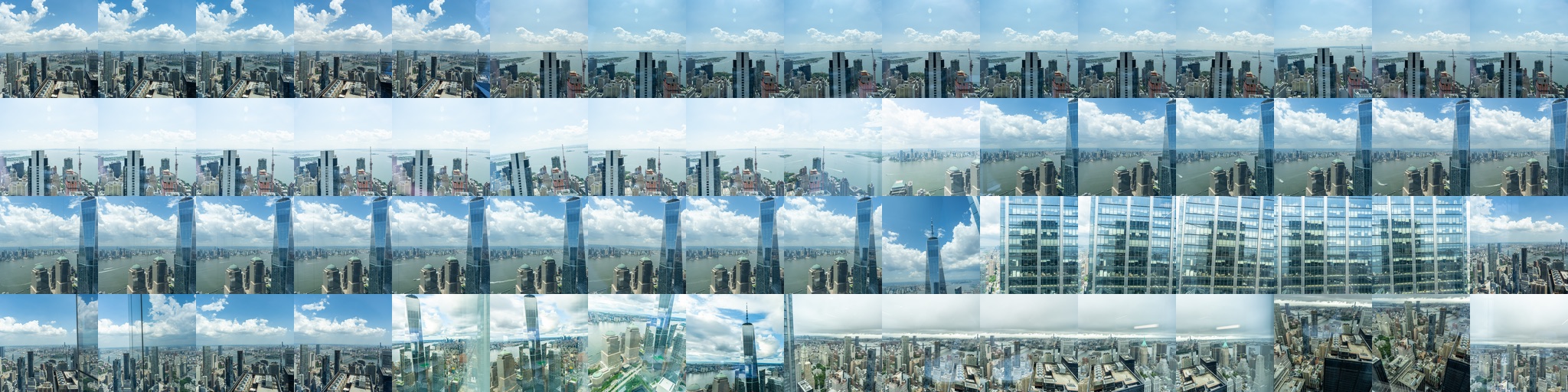 A contact sheet of some of the raw source photos: the same 20mm view out the 71st-floor windows, shot at different times of day, in different weather, and from slightly different spots along the glass. A few frames show the camera's reflection.