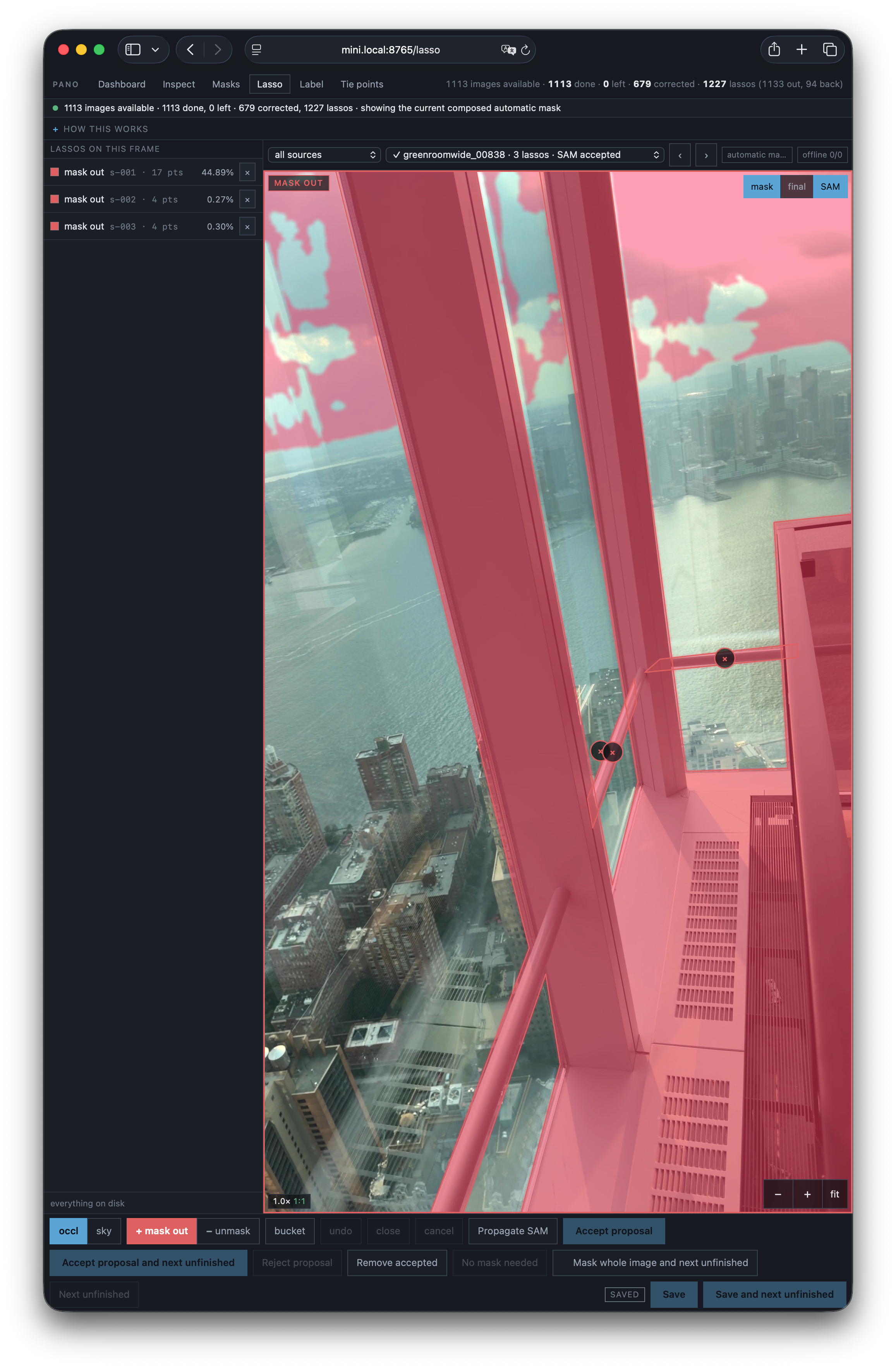 My custom masking UI, showing the amount of masking required for some images.